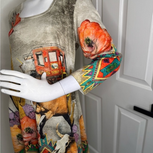 a. m. m. a Western Cream and Orange Asymmetrical Graphic Dress. - Picture 3 of 11